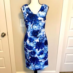 T Tahari|| Blue/white floral lined sheath dress with cross pattern on back